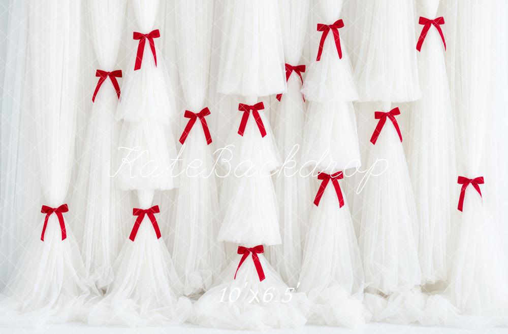 Kate White Tulle Curtains with Red Bows Backdrop Designed by Patty Roberts