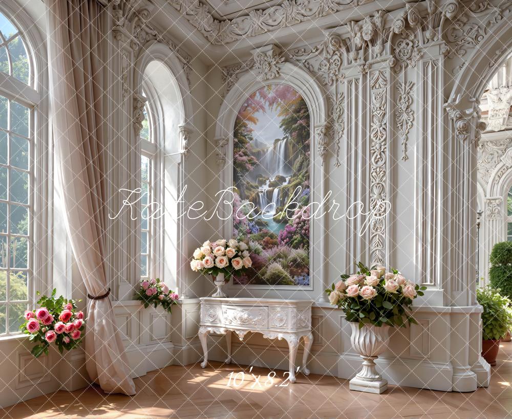 Kate Summer Elegant White Mansion Flowers Waterfall Window Printed Backdrop Designed by Mini MakeBelieve
