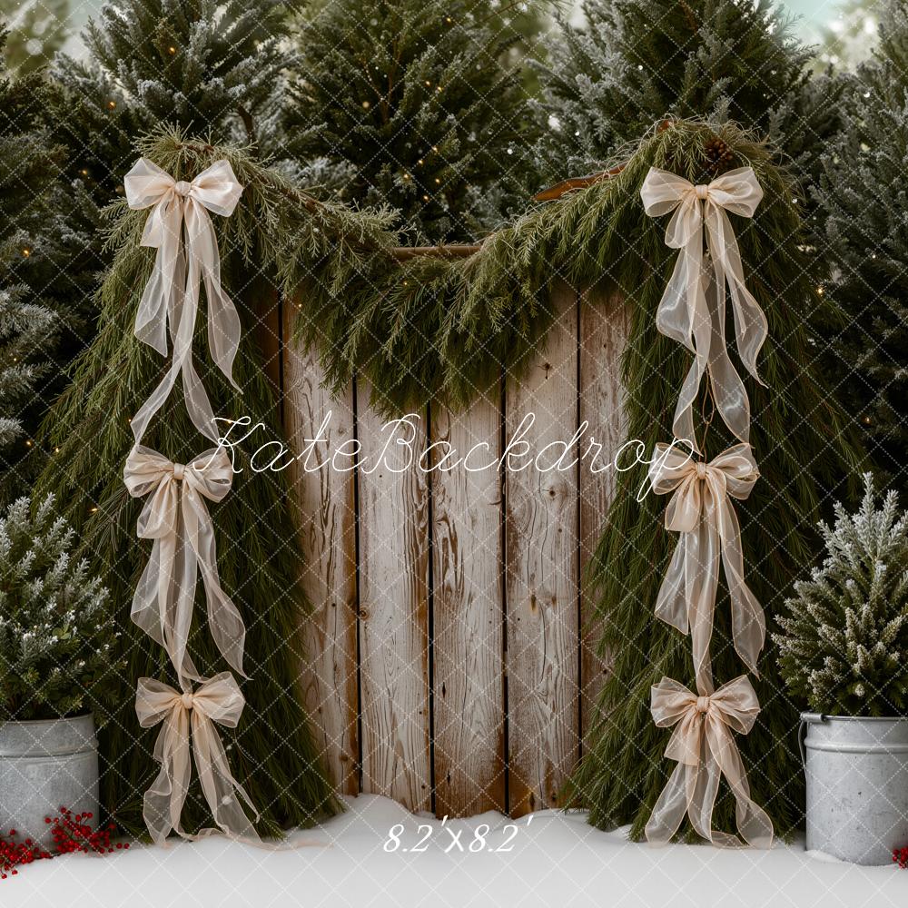 Kate Christmas Pine Trees Garland Rustic Wood Bows Printed Backdrop Designed by Emetselch