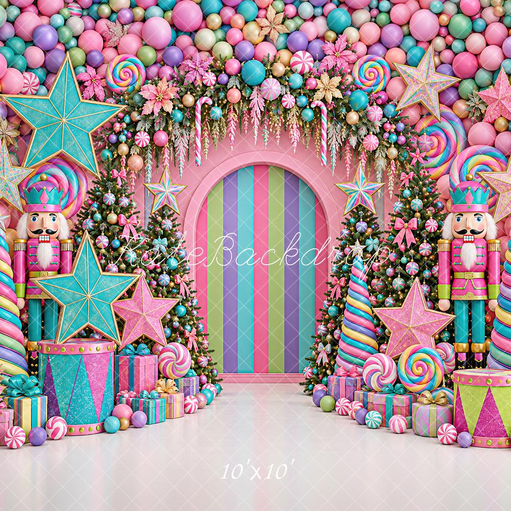 Kate Christmas Colorful Candy Nutcracker Arch Stars Printed Backdrop Designed by Angela Miller