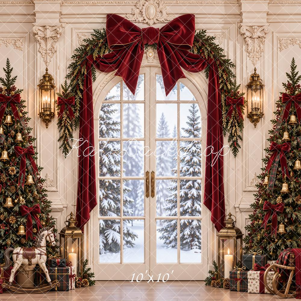 Kate Christmas Window Trees Garland Bow Printed Backdrop Designed by Emetselch