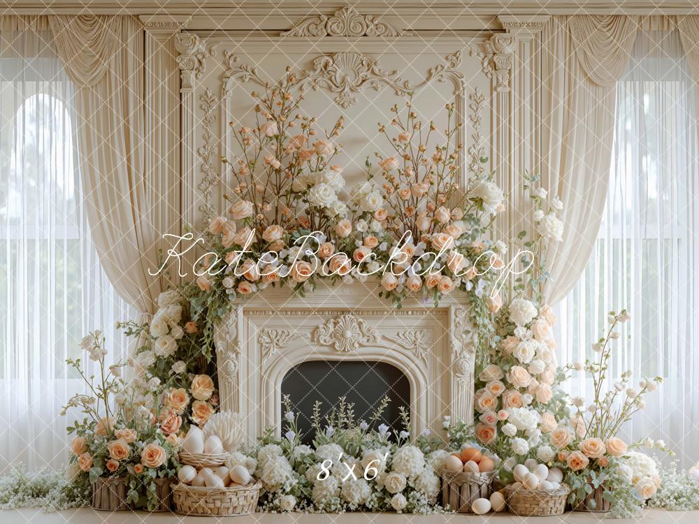 Kate Easter Bunny Flower Arch Fireplace Printed Backdrop Designed by Mini MakeBelieve