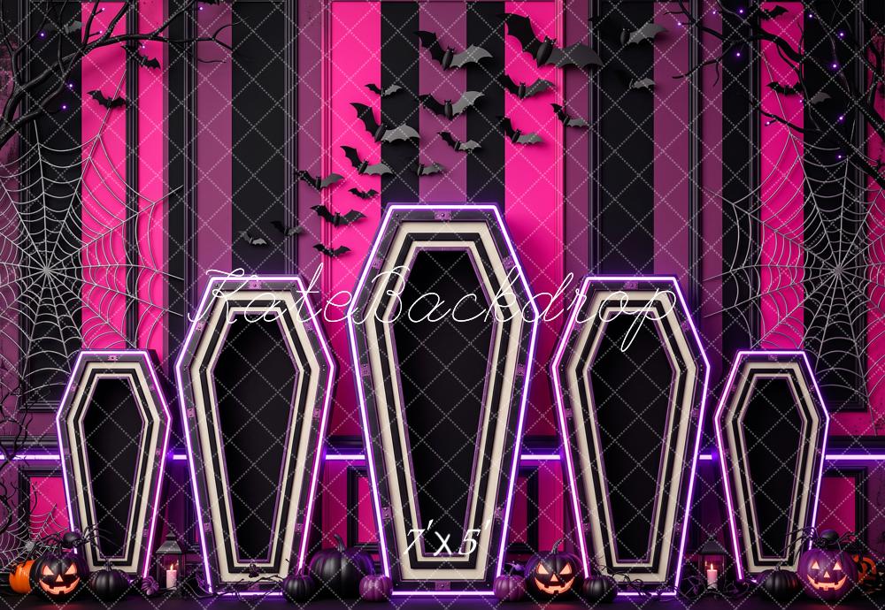 Kate Halloween Neon Coffins Bats Cobwebs Pink Black Printed Backdrop Designed by Patty Roberts