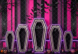 Kate Halloween Neon Coffins Bats Cobwebs Pink Black Printed Backdrop Designed by Patty Roberts