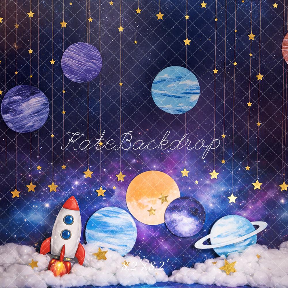 Kate Cake Smash Space Rocket Planets Clouds Printed Backdrop Designed by Mandy Ringe Photography