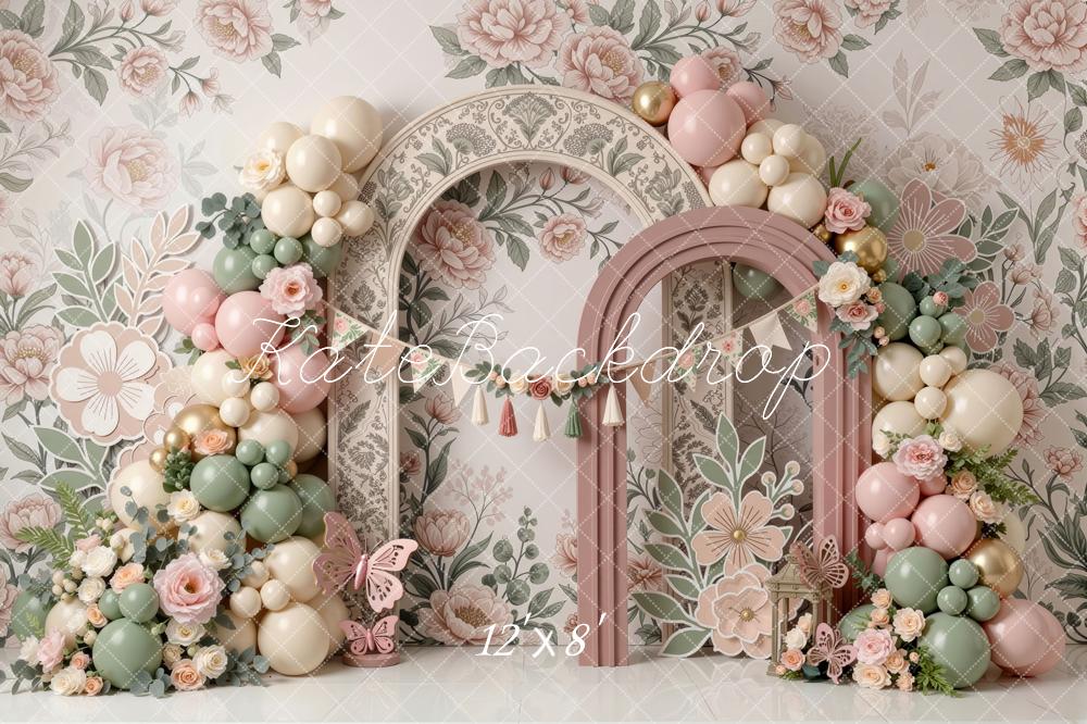 Kate Cake Smash Garden Flower Arch Balloon Floral Printed Backdrop Printed Backdrop Designed by Mini MakeBelieve