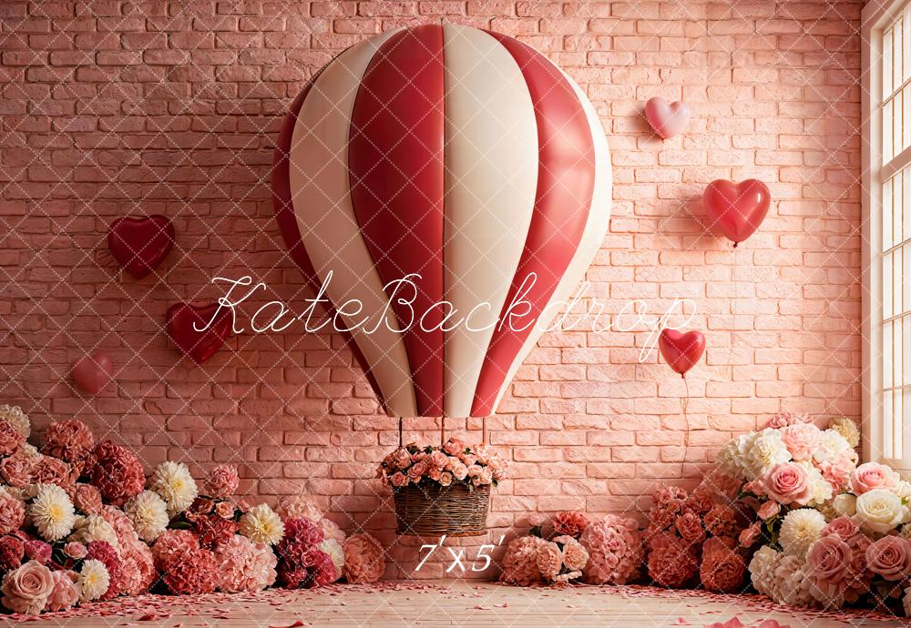 Kate Valentine's Day Hot Air Balloon Pink Brick Wall Flowers Backdrop Designed by Emetselch