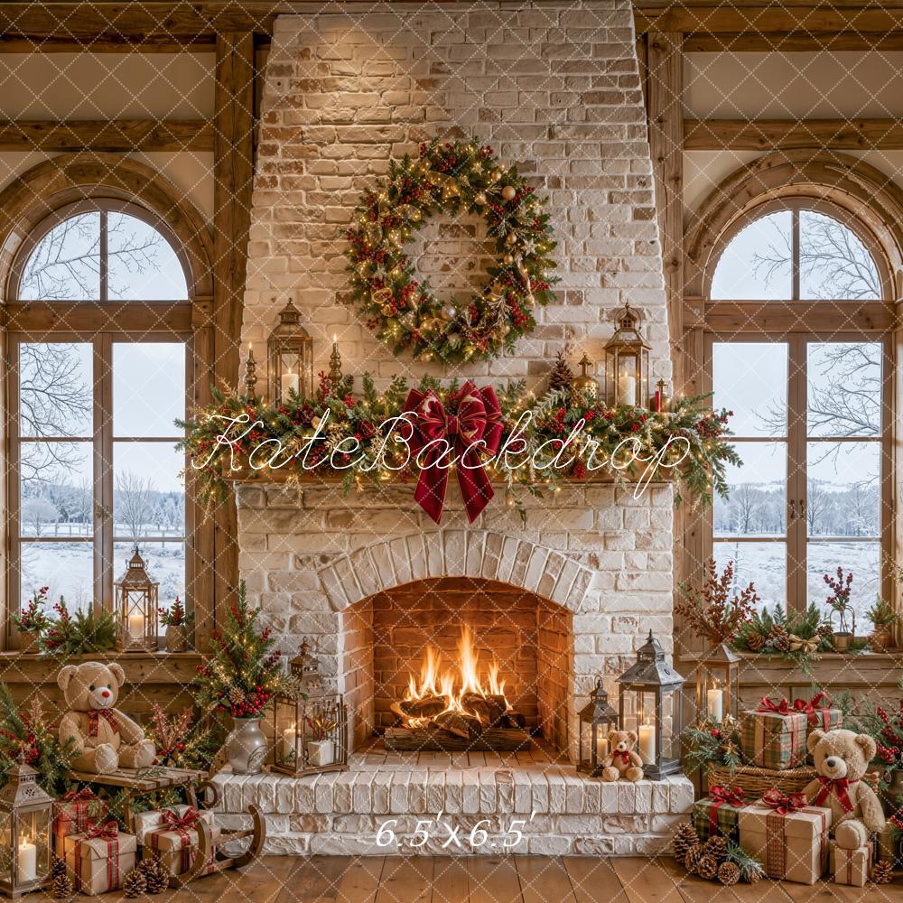 Kate Christmas Fireplace Stone Garland Wreath Teddy Bear Gifts Printed Backdrop Designed by Emetselch