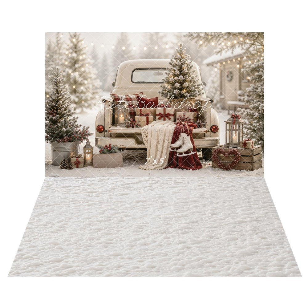 Kate Christmas Vintage White Truck Tree Gifts Ice Skates Snow Printed Backdrop+Winter Snow Rubber Floor Mat