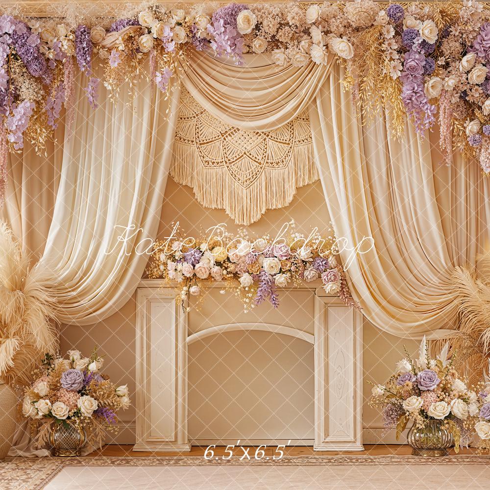 Kate Boho Flower Arch Beige Purple Drapes Macrame Pampas Grass Backdrop Designed by Emetselch