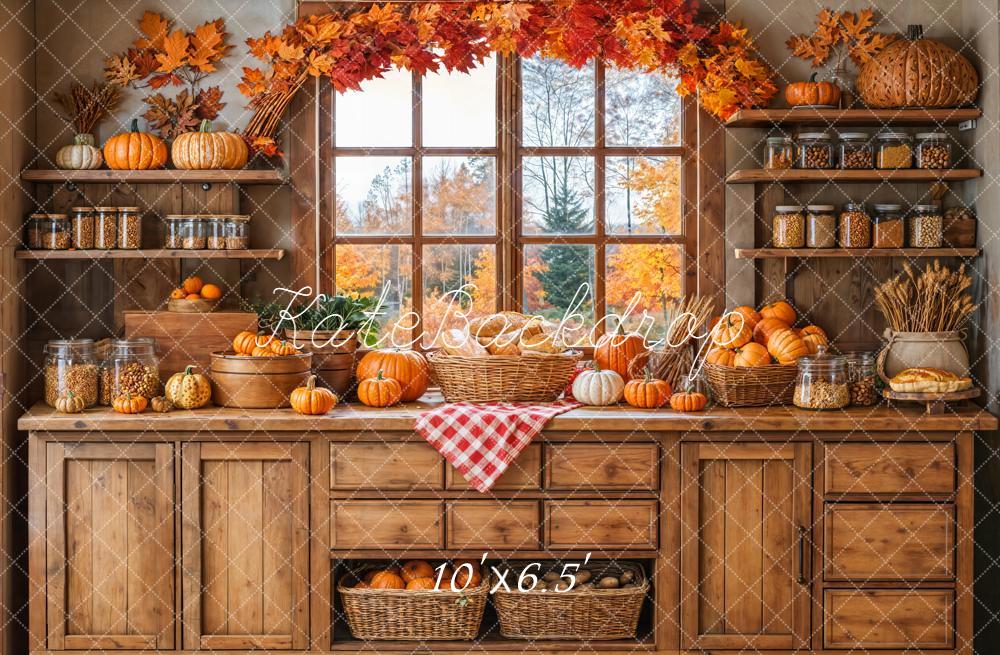 Kate Fall Kitchen Pumpkins Wooden Cabinet Shelves Maple Backdrop Designed by Emetselch