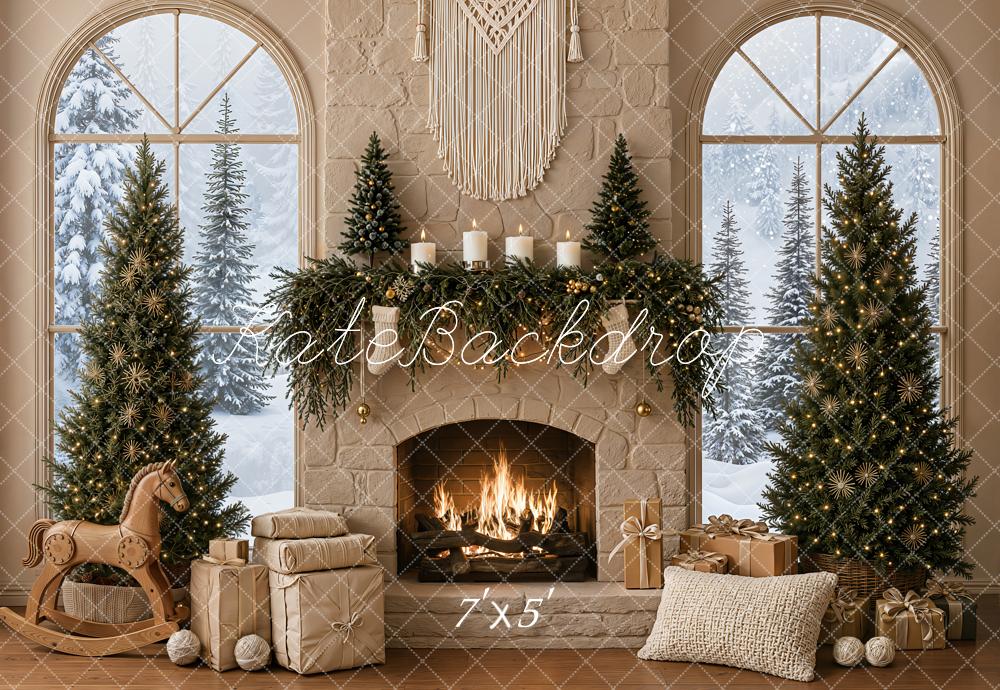 Kate Christmas Boho Fireplace Macrame Trees Gift Rocking Horse Printed Backdrop Designed by Emetselch
