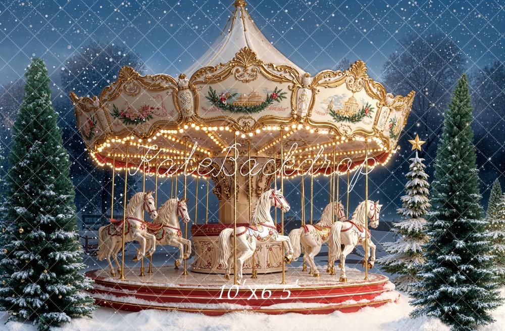 Kate Christmas Carousel Snowy Pine Trees Night Backdrop Designed by Emetselch