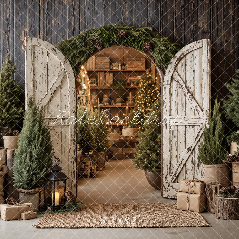Kate Christmas Rustic Wood Barn Door Archway Pine Trees Printed Backdrop Designed by Emetselch
