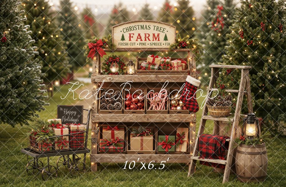 Kate Christmas Tree Farm Gift Display Rustic Ladder Printed Backdrop Designed by Emetselch