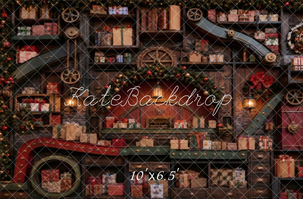 Kate Christmas Workshop Conveyor Shelves Presents Garland Printed Backdrop Designed by Vertigo Productions