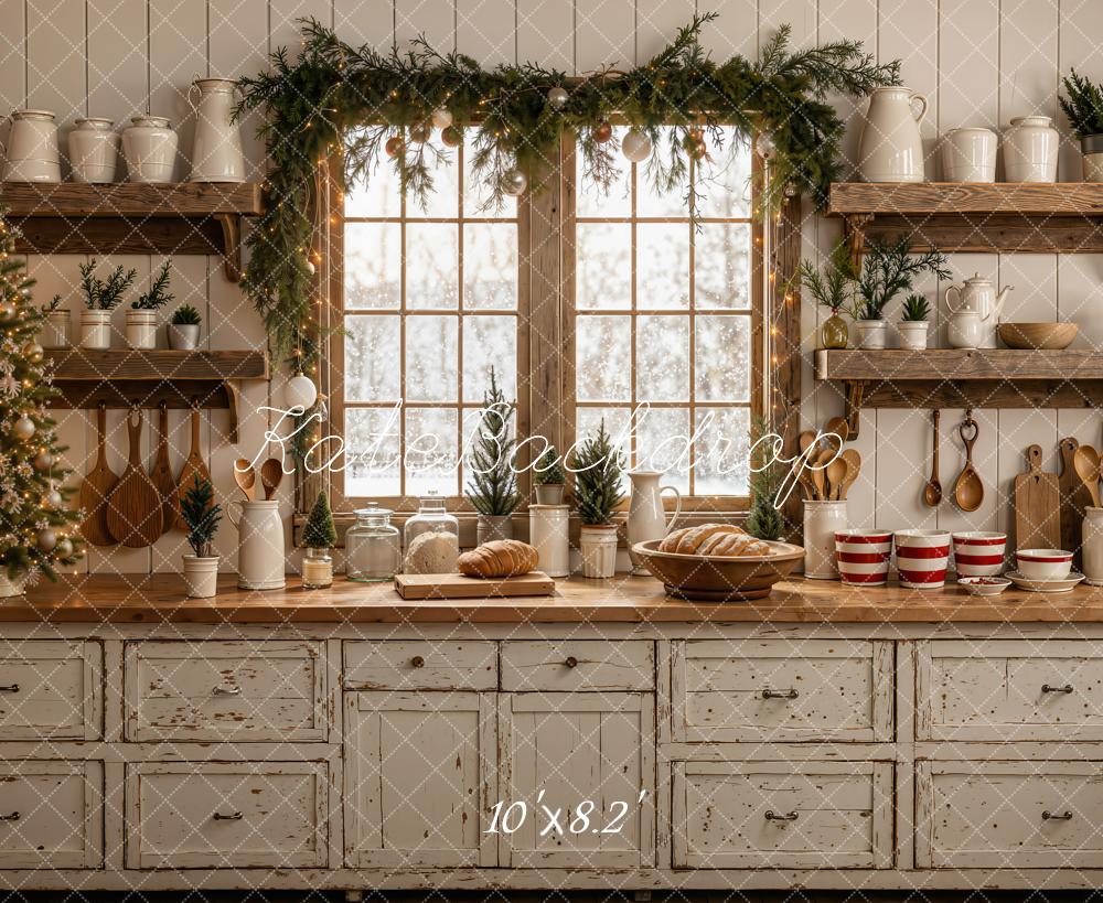 Kate Christmas Kitchen Window Garland Rustic Wooden Shelves Bread Printed Backdrop Designed by Emetselch