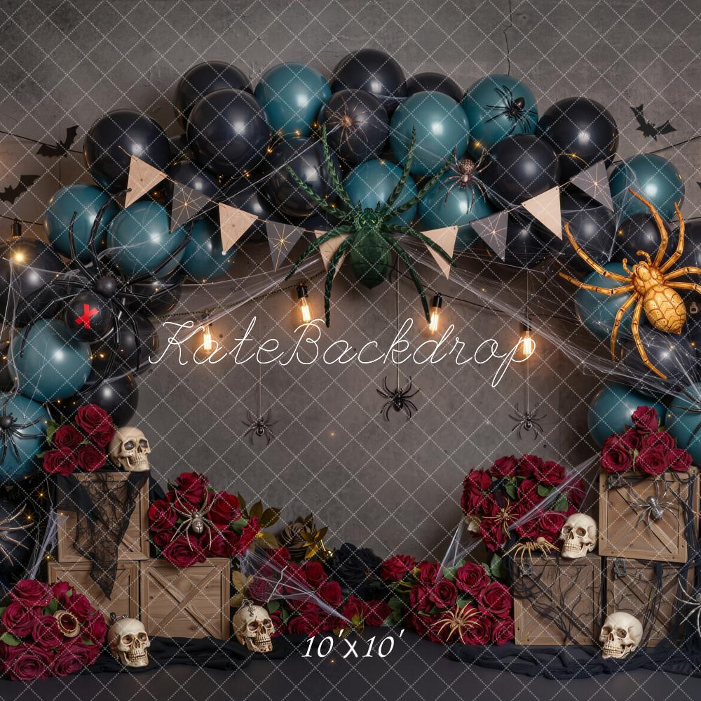 Kate Halloween Spooky Balloon Arch Skulls Spiders Roses Printed Backdrop Designed by Emetselch