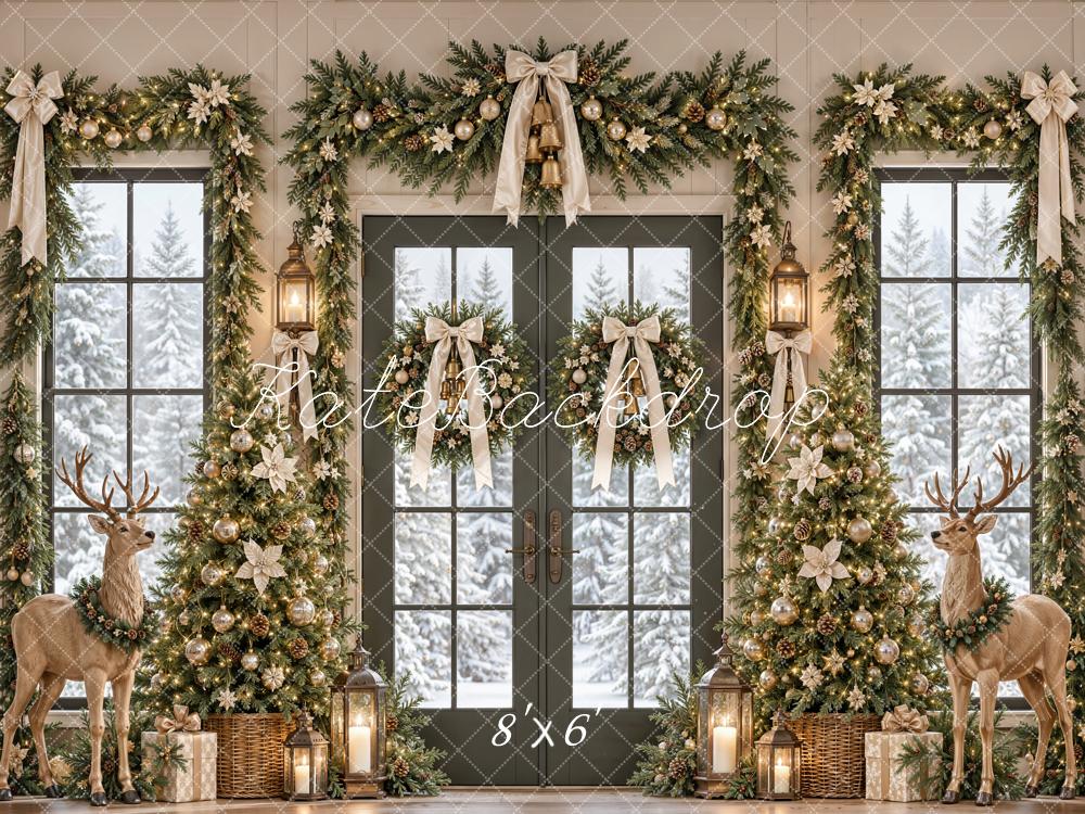 Kate Christmas Tree Garland Deer French Door Snow Printed Backdrop Designed by Emetselch