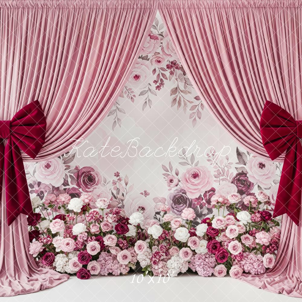 Kate Mother's Day Pink Curtain Floral Wall with Red Bows Backdrop Designed by Patty Roberts