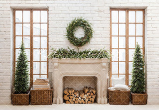 Kate Christmas Beige Retro Fireplace White Brick Wall Printed Backdrop Designed by Emetselch