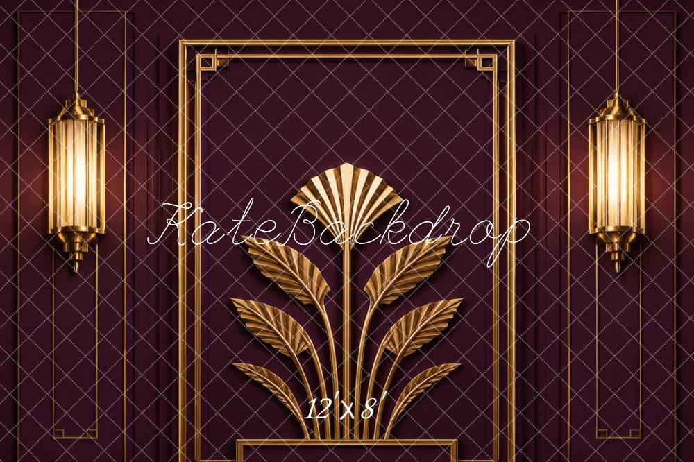 Kate 20's Retro Art Deco Gold Wall Sconces Burgundy Wall Printed Backdrop Designed by Vertigo Productions