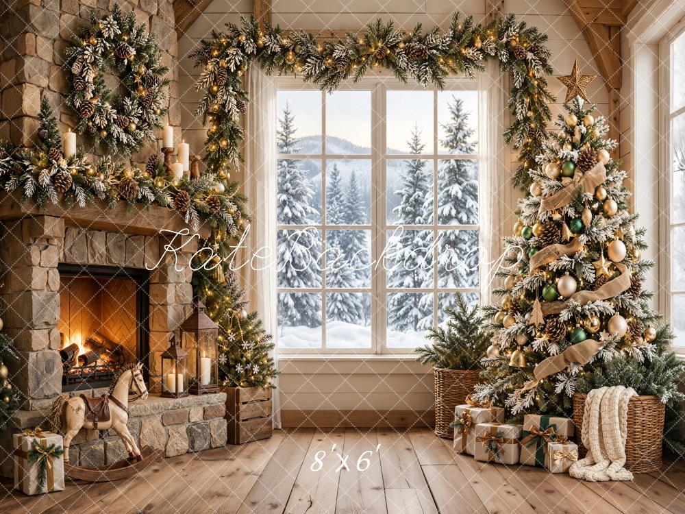 Kate Christmas Fireplace Rustic Stone Christmas Tree Snowy Window Printed Backdrop Designed by Emetselch