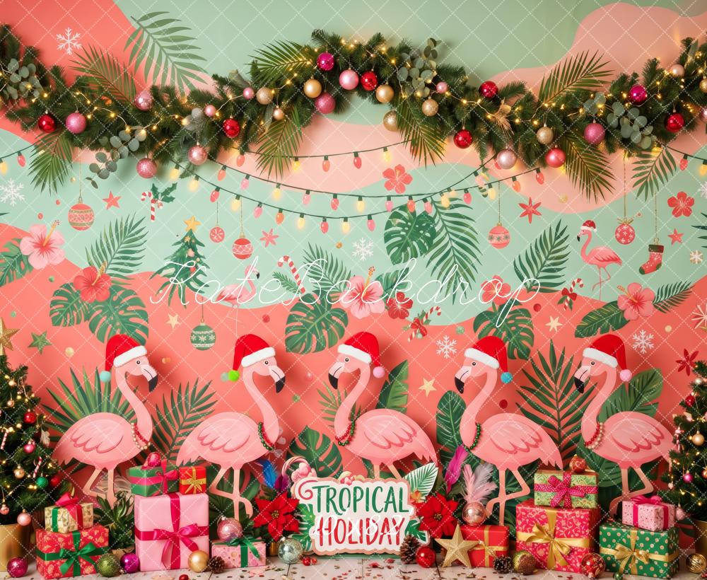 Kate Christmas Tropical Flamingo Garland Gift Boxes Printed Backdrop Designed by Patty Roberts