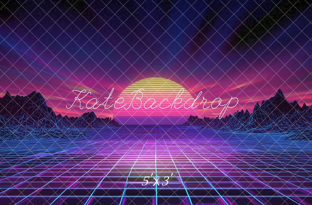 Kate Retro Grid Neon Sunset Landscape Printed Backdrop Designed by Angela Miller