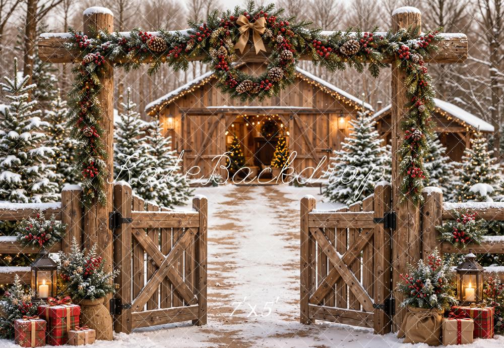 Kate Christmas Garland Rustic Gate Snowy Cabin Path Printed Backdrop Designed by Emetselch