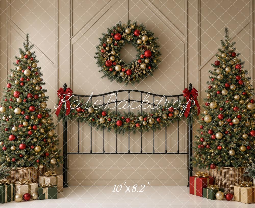 Kate Christmas Headboard Trees Wreath Garland Beige Wall Printed Backdrop Designed by Shutter Swan Studios