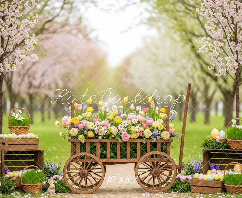 Kate Easter Bunny Flower Cart Blossom Trees Printed Backdrop Designed by Patty Roberts