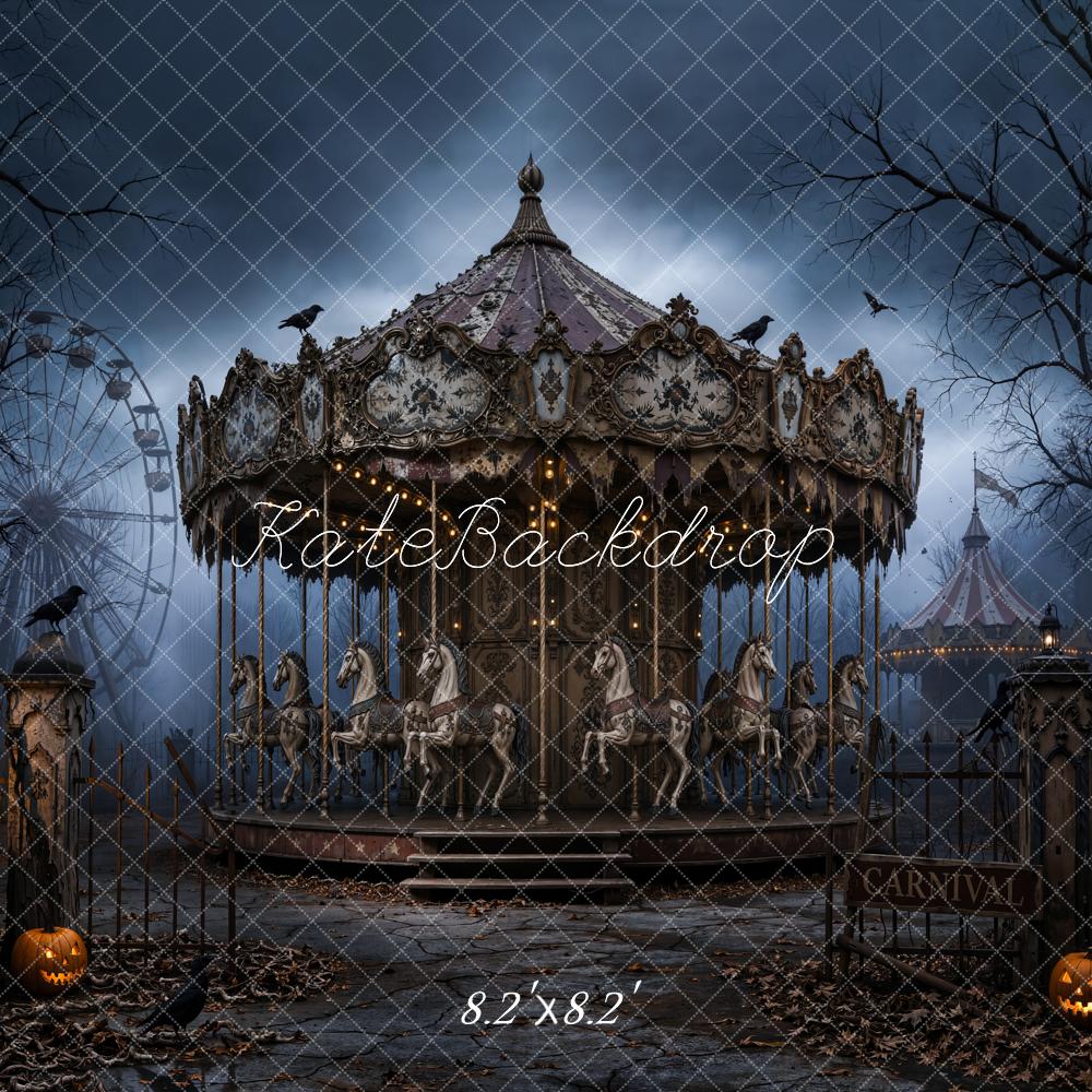 Kate Halloween Night Haunted Carousel Pumpkins Printed Backdrop Designed by Chain Photography