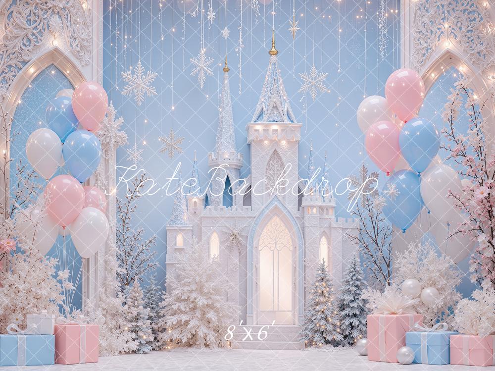 Kate Christmas Wonderland Blue Castle Snowflakes Balloons Printed Backdrop Designed by Shutter Swan Studios