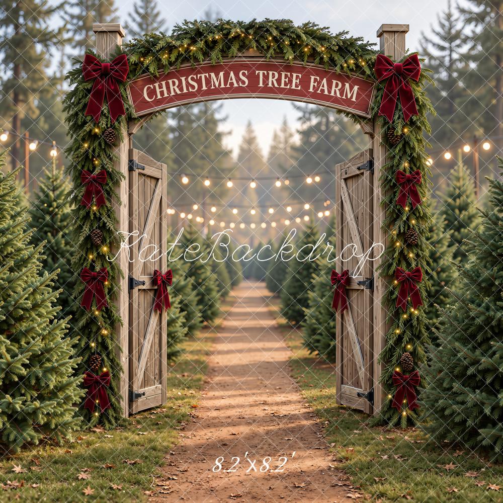 Kate Christmas Tree Farm Gate Rustic Red Bow Printed Backdrop Designed by Emetselch