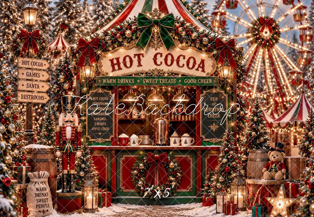 Kate Christmas Hot Cocoa Stand Ferris Wheel Nutcracker Snow Printed Backdrop Designed by Ashley Paul