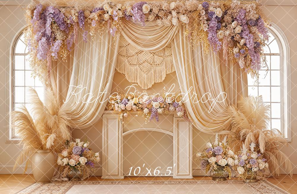 TEST Kate Boho Flower Arch Beige Purple Drapes Macrame Pampas Grass Backdrop Designed by Emetselch