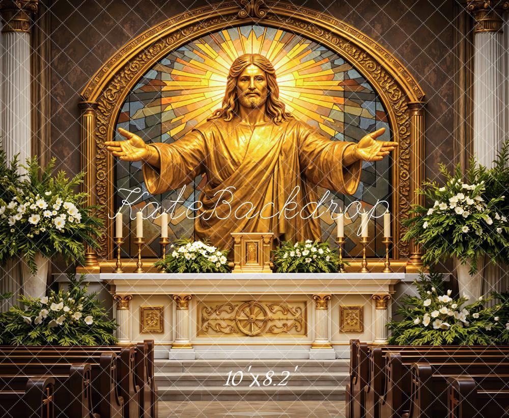 Kate Church Altar Gold Jesus Statue Stained Glass Floral Backdrop Designed by Mini MakeBelieve