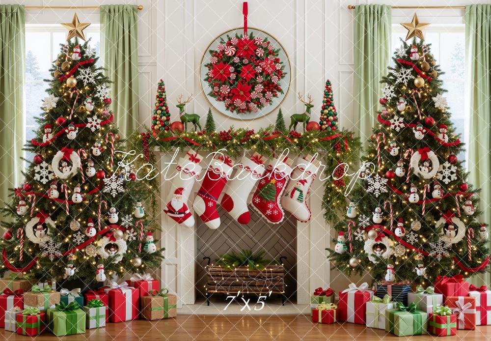 Kate Christmas Trees Snowman Fireplace Stockings Gifts Wreath Printed Backdrop Designed by Mini MakeBelieve