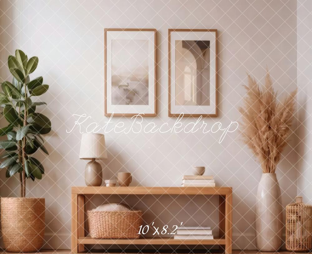 Kate Neutral Living Room Plant Cabinet Decor Printed Backdrop Designed by Vertigo Productions