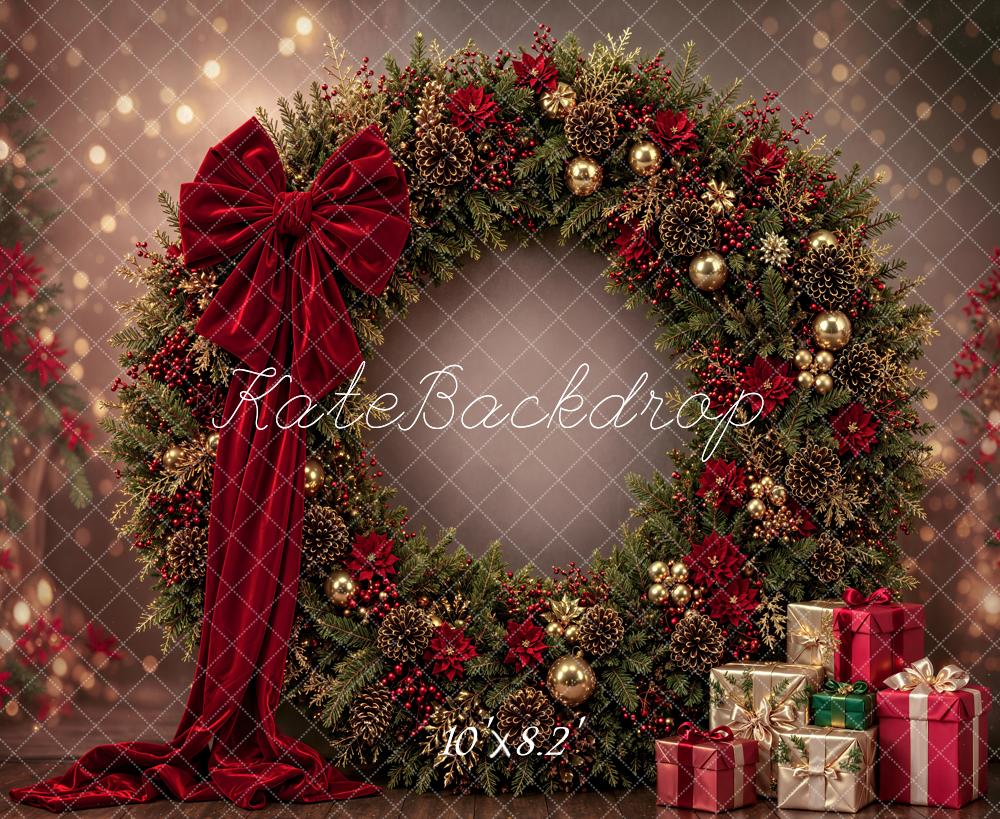 Kate Christmas Large Wreath Red Bow Presents Printed Backdrop Designed by Emetselch