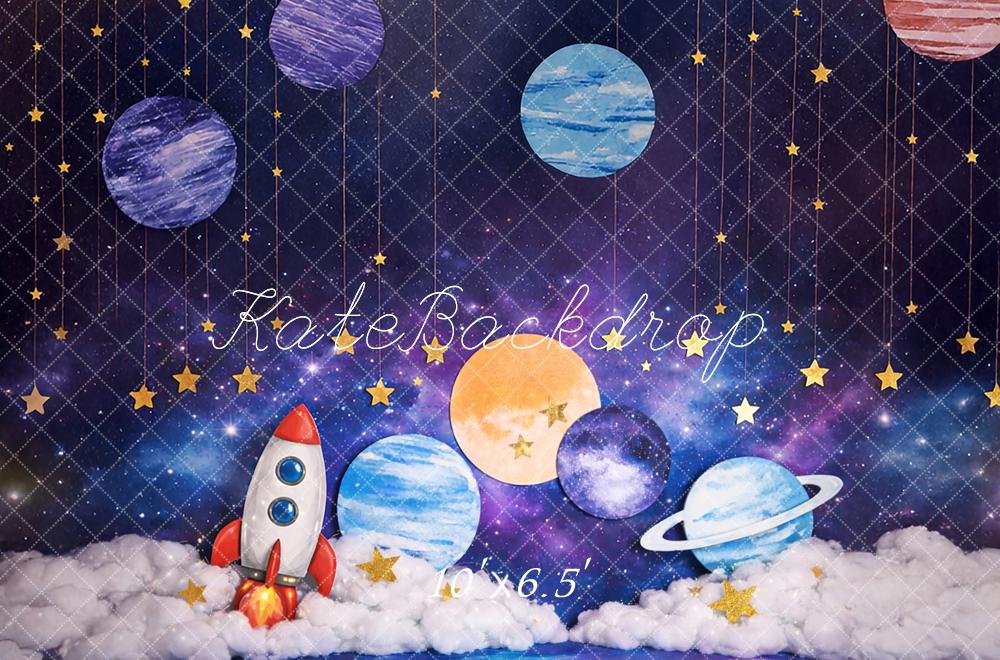 Kate Cake Smash Space Rocket Planets Clouds Printed Backdrop Designed by Mandy Ringe Photography