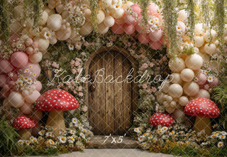 Kate Fairy Spring Balloon Arch Wooden Door Mushrooms Flowers Printed Backdrop Designed by Ashley Paul