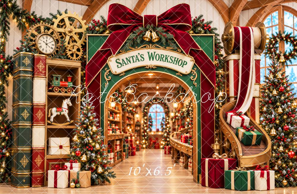 Kate Christmas Santa's Workshop Bow Arch Gifts Printed Backdrop Designed by Emetselch