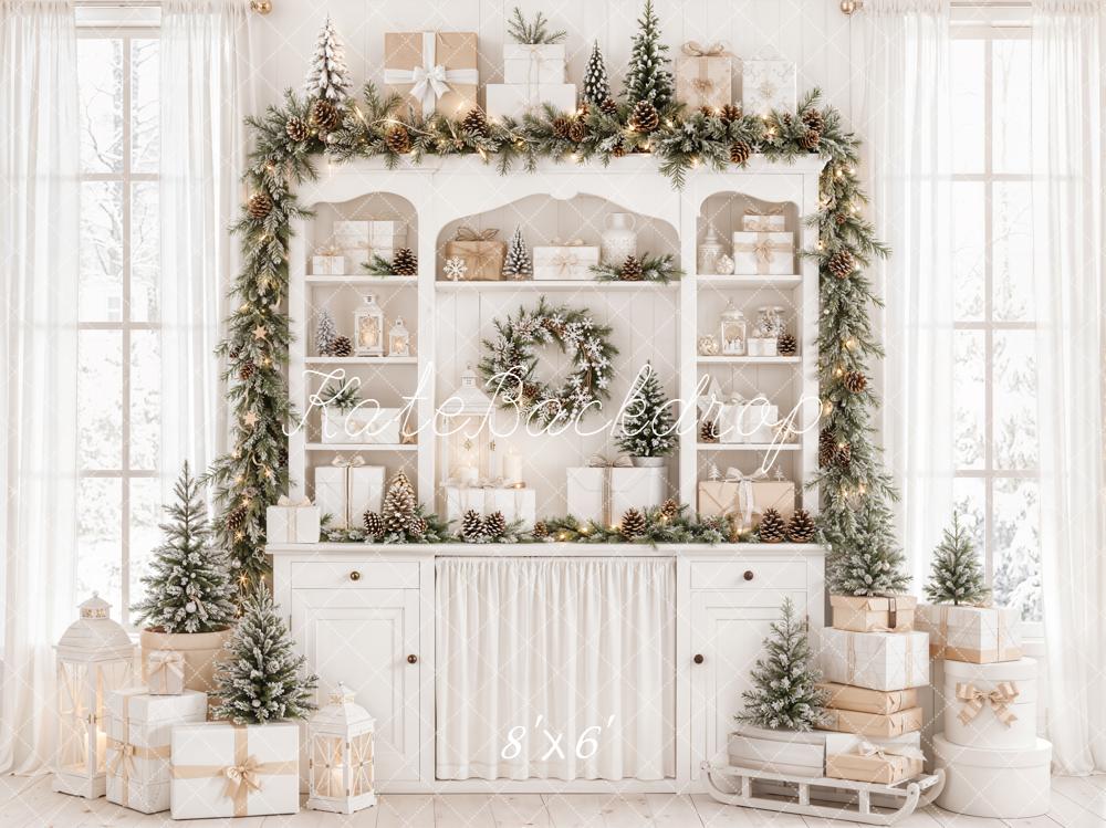 Kate Christmas Cabinet Garland Gifts Pinecones White Printed Backdrop Designed by Emetselch
