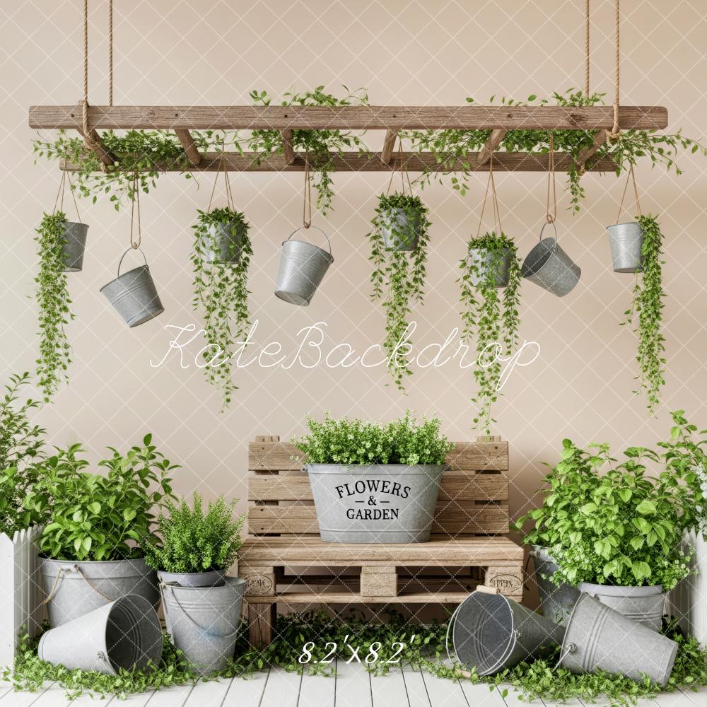 Kate Spring Mother's Day Garden Hanging Plants Wooden Ladder Buckets Backdrop Designed by Patty Roberts