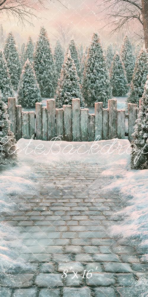 Kate Sweep Winter Snowy Pine Trees Wooden Fence Cobblestone Path Printed Backdrop Designed by Angela Miller