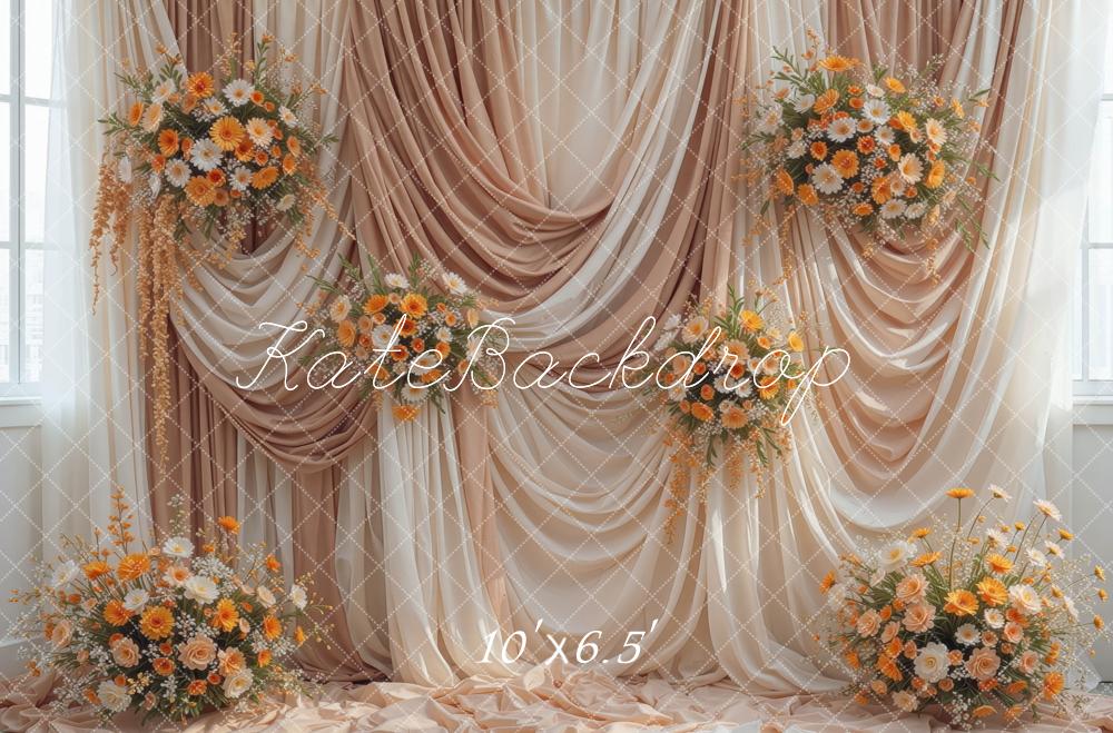 Kate Fall Beige Draped Curtains Orange Flower Printed Backdrop Designed by Mini MakeBelieve