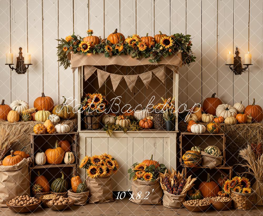 Kate Fall Pumpkin Sunflower Market Stand Printed Backdrop Designed by Emetselch