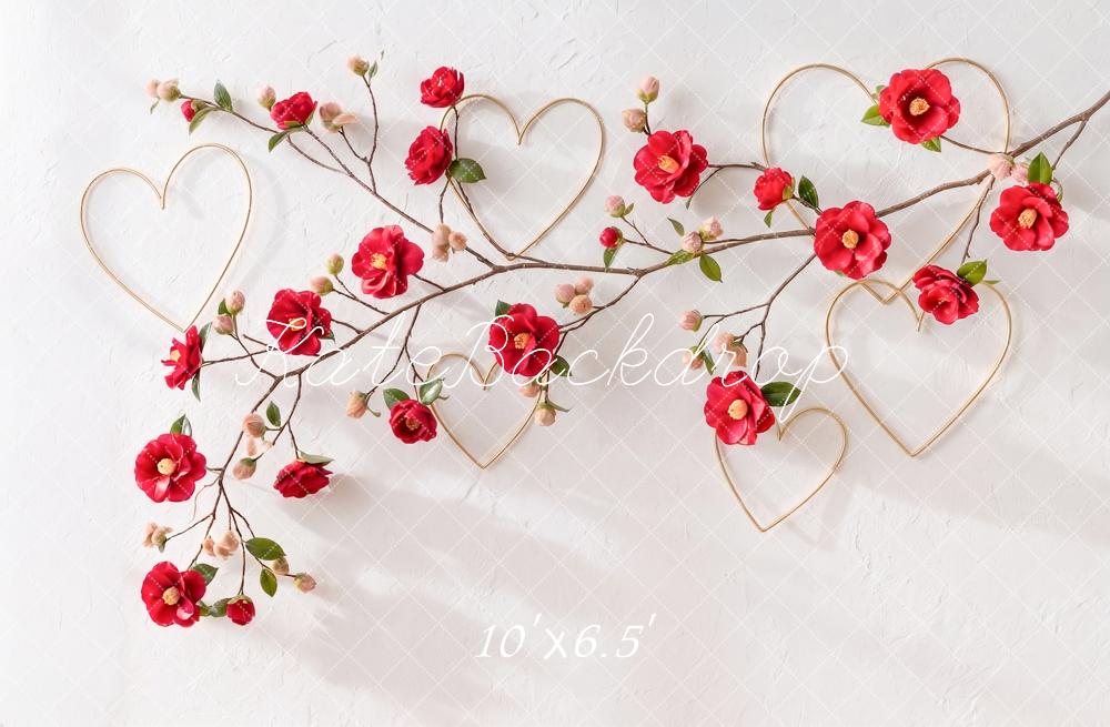 Kate Valentine's Day Red Flower Branch Gold Hearts Printed Backdrop Designed by Angela Miller